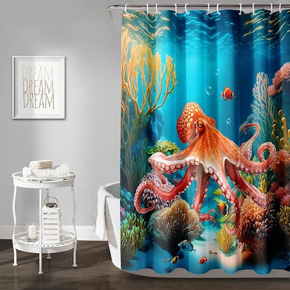 AILONEN Kawaii Octopus Shower Curtain,3D Octopus Turquoise Themed Bath Curtain Cloth Fabric Bathroom 72" W*78" H Inch,12 Pack Hooks for Kids Child,Boho Mandala Ocean Theme Bathroom Curtain