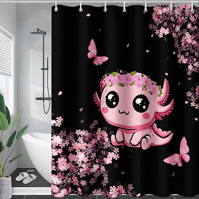 AILONEN Cute Cartoon Axolotl Kawaii Shower Curtain,Pink Cherry Blossom Floral Bath Curtain,Animal Axolotl Butterfly Waterproof Black Curtain for Bathroom, 72" W x 78" H