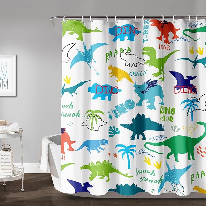AILONEN Cartoon Dinosaur Shower Curtain for Kids Boys 72" W*84" H Inch,Colorful Dinosaur Pattern Shower Curtain,12 Pack Hooks Polyester Waterproof Fabric Decor for Bathroom