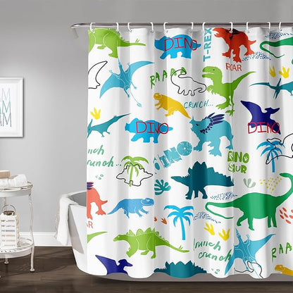 AILONEN Cartoon Dinosaur Shower Curtain for Kids Boys 72" W*84" H Inch,Colorful Dinosaur Pattern Shower Curtain,12 Pack Hooks Polyester Waterproof Fabric Decor for Bathroom