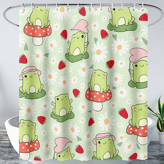 AILONEN Cute Frog Shower Curtain for Bathroom, Kawaii Strawberry and Frog Bath Curtain,Mushroom Frog Kids Girls Waterproof Curtain with 12 Plastic Hooks(48" W*72" H)