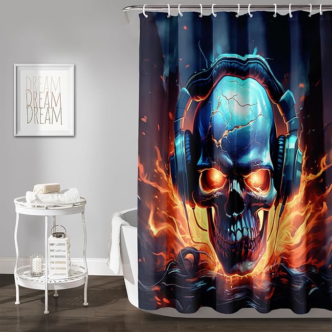 AILONEN Headset Skull Shower Curtain,Hip Hop Skeleton Fire Skull Bath Curtain,Cool Skull Decoration Bathroom Curtain with 12 Plastic Hooks,Waterproof 36" W*72" H