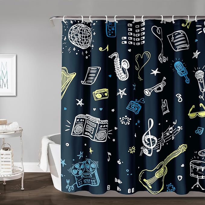 AILONEN Graffiti Note Music Shower Curtain,Hip Hop Music Art Bath Curtain Minimalist Bathroom Curtain 72" W*84" H Polyester Waterproof Bathroom Curtain with 12 Hooks