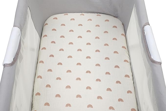 Muslin Bassinet Sheets Compatible with Fisher-Price Portable Bassinet On-The-Go, 2 Pack 100% Cotton 30" x 28" Bassinet Sheets, Natural and Rainbow