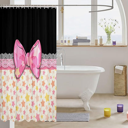 Feelyou Bowknot Shower Curtain 72"x78" Kids Galaxy Starts Print Bathroom Shower Curtain Set for Boys Girls Teens Butterfly Romantic Princess Style Bath Curtain Black Pink Bathroom Accessories