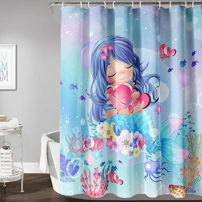 AILONEN Beautiful Mermaid Shower Curtain,Cute Mermaid Bath Curtain for Girls Teens,Ocean Curtain,Cartoon Fish Print Blue Waterproof Curtain for Bathroom Decor, 72" W x 72" H