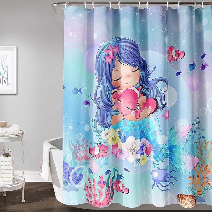 AILONEN Beautiful Mermaid Shower Curtain,Cute Mermaid Bath Curtain for Girls Teens,Ocean Curtain,Cartoon Fish Print Blue Waterproof Curtain for Bathroom Decor, 48" W x 72" H