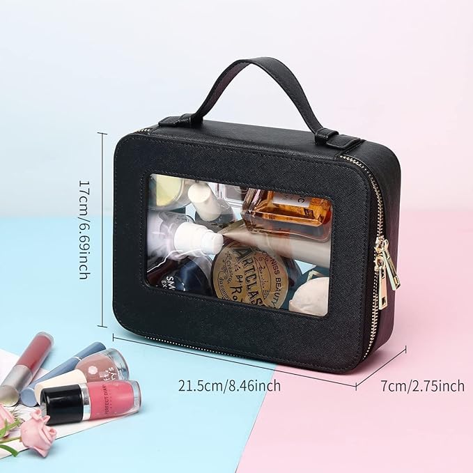 Clear Makeup Bag for Women Waterproof Travel Makeup Case Portable Cosmetic Case Toiletry Bag Car Organizer with Zipper (Black, L)
