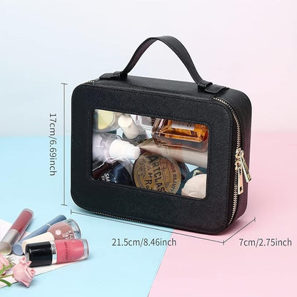 Clear Makeup Bag for Women Waterproof Travel Makeup Case Portable Cosmetic Case Toiletry Bag Car Organizer with Zipper (Black, L)