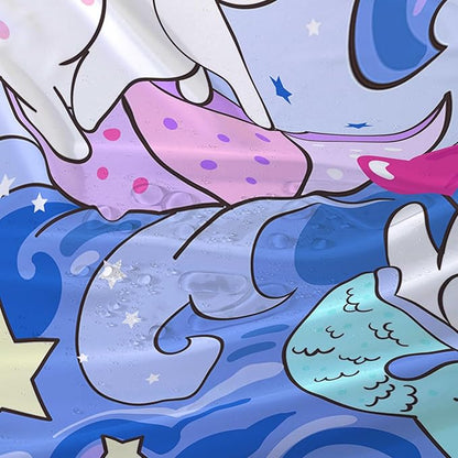 AILONEN Cute Cat Shower Curtain,Kawaii Cartoon Mermaid Kitten Polyester Cloth Bath Curtain Set for Girls Boys,Kittens with Spray Waterproof Shower Curtains for Bathroom, 36" W*72" H Blue