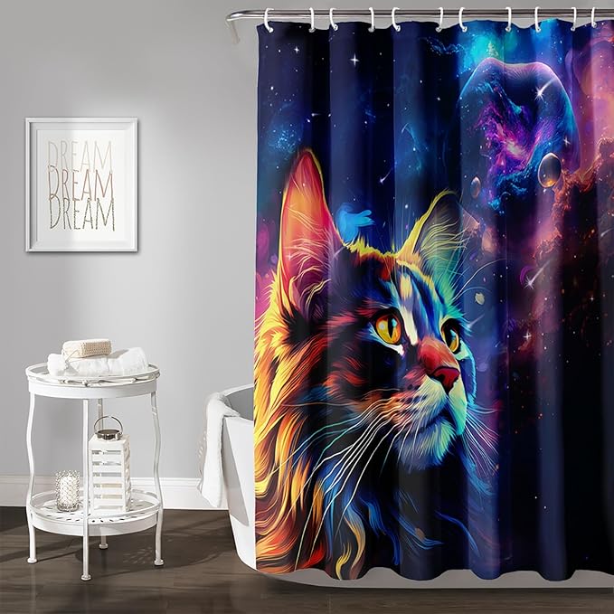 AILONEN Cat Shower Curtains for Kids,Galaxy Cat Curtains Gifts for Cat Lover,Animal Theme Bath Curtains for Bathroom Decor,60" W*72" H Polyester Waterproof with 12 Plastic Hooks