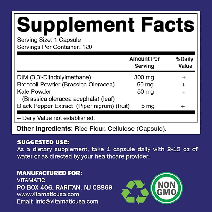Vitamatic DIM Supplement Complex for Women & Men - 300mg - 120 Veg Capsules - Made with Black Pepper, Broccoli Powder & Kale Powder - Non-GMO & Gluten Free - Supports Hormonal Balance