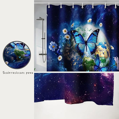 AILONEN Blue Butterfly Shower Curtain 72" W*72" H,Mystic Galaxy Earth Starry Bathroom Decor,Modern Floral Butterfly Bath Curtain Polyester Waterproof Bathroom Curtain with 12 Hooks