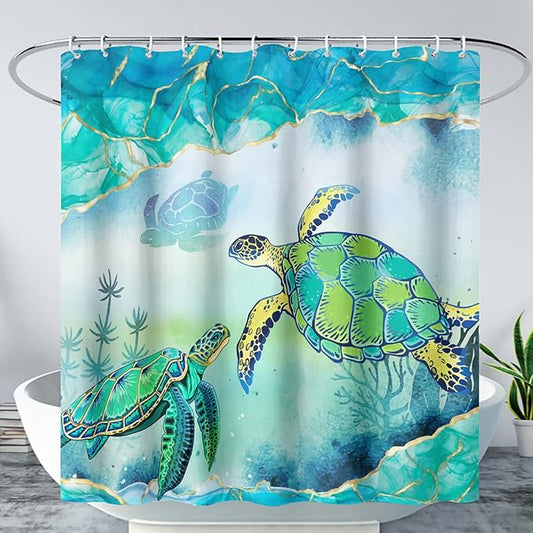 AILONEN Green Sea Turtle Shower Curtain,Cartoon Turtle and Water Plant Shower Curtain Set for Bathroom,Marble Theme Waterproof Fabric Shower Curtain with Hooks,72" W*96" H