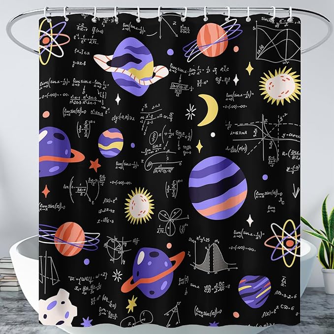 AILONEN Solar System Shower Curtain,Math Galaxy Purple Planet Bath Curtain for Bathroom Decor,Cartoon Planet Polyester Waterproof with 12 Plastic Hooks 72" W*78" H