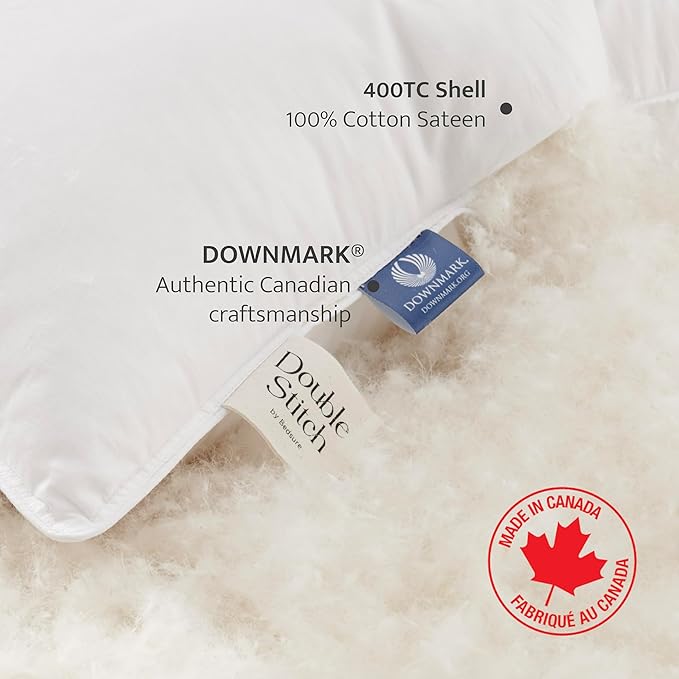 Double Stitch Luxury US White Down Pillow - Made in Canada, 400 Thread Count 100% Cotton Shell, Soft 700 Fill Power Down Bed Pillow, Soft Sleeping Pillow 3-Chamber, Standard(20" x 26") ﻿