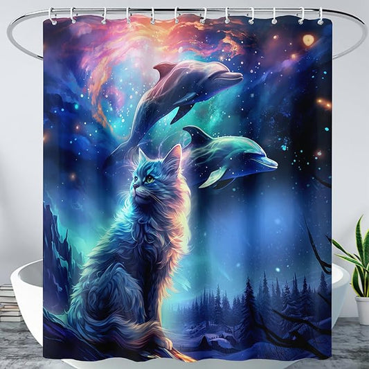 AILONEN 3D Kawaii Cat Shower Curtain Set,Cat Lovers Animal Waterproof Fabric Bath Curtain for Kids Girls,Jumping Dolphin Shower Curtain,Starry Night Shower Curtains for Bathroom Decor, 60" W*72" H