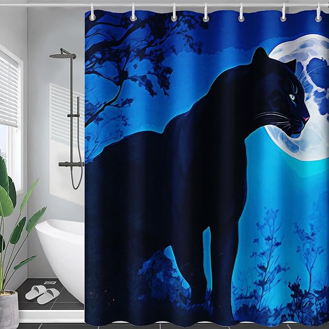 AILONEN Black Panther Shower Curtain,Evening Moon Leopard Bath Curtain for Women,Wildlife Cheetah Polyester Waterproof for Bathroom,72" W*78" H with 12 Plastic Hooks