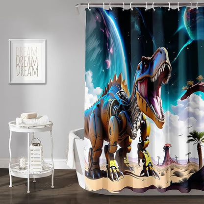 AILONEN Dinosaur Shower Curtain for Kids Boys Teens.Sky Blue Planet Dinosaur Bath Curtain for Bathroom,Machine Dinosaur Curtain Modern Polyester with 12 Plastic Hooks 72" W*72" H