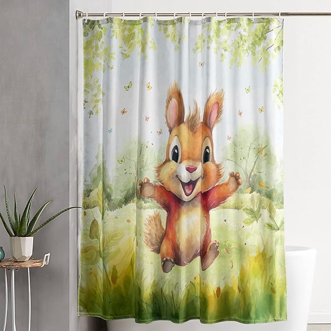AILONEN Cartoon Cute Squirrel Shower Curtain,Kawaii Squirrel Bathroom Curtains for Kids,Girls,Tie Dye Tree Shower Curtains Set with Hooks for Bathroom,72" W*84" H