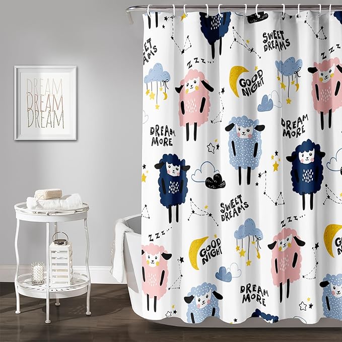 AILONEN Cute Sheep Shower Curtain for Bathroom,Constellation Star Clouds Printed Bath Curtain,Blue Pink Sheep Kids Curtain Waterproof with 2 Plastic Hooks 72" W*72" H