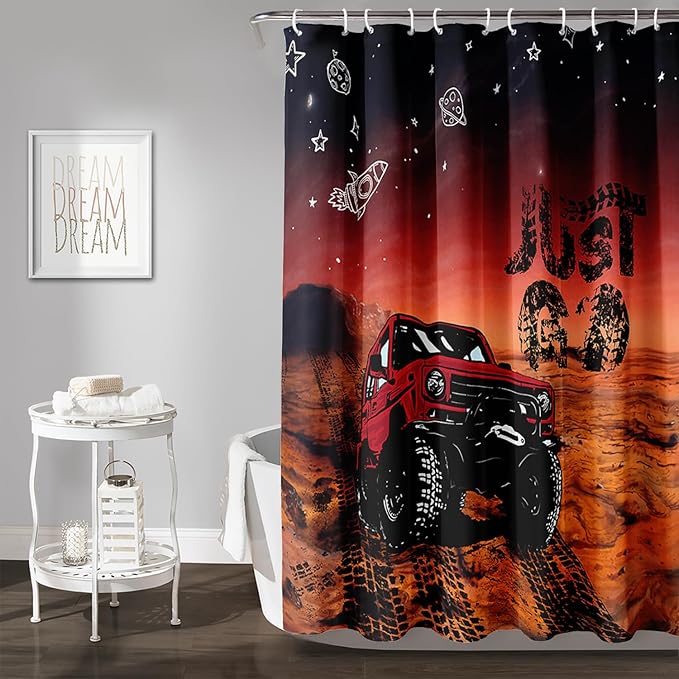 AILONEN Red Truck Shower Curtains,Galaxy Monster Truck Bath Curtains,Monster Jam Polyester Waterproof for Bathroom,72" W*78" H with 12 Plastic Hooks,Red