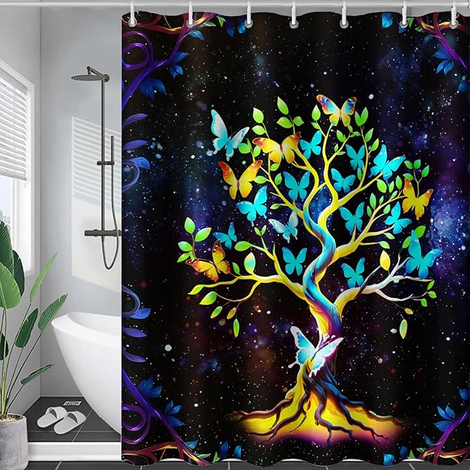 AILONEN Tree of Life Shower Curtain for Bathroom,Galaxy Starry Glowing Tree of Life Bath Curtain,Colorful Tree Shower Curtain Waterproof with 12 Plastic Hooks for Boys Girls Adults 72" W*78" H