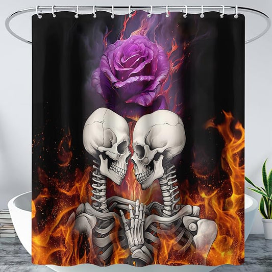 AILONEN Sugar Skull Shower Curtain,Fire Rose with Skeleton Design Shower Curtain Set with Hooks for Boys Girls Teens,Gothic Skull72 W*84" H