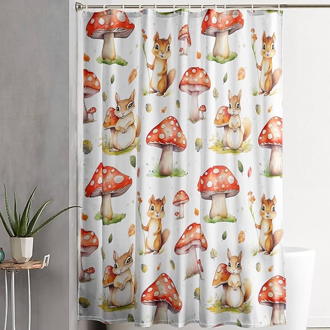 AILONEN Cartoon Mushroom Shower Curtain for Kids Girls Boys, Kawaii Squirrels with Red Mushroom Shower Curtains for Bathroom,Cute Animal Shower Curtain Set with Hooks,48" W*72" H