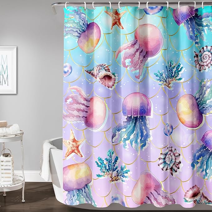 AILONEN Ocean Jellyfish Shower Curtain for Bathroom, Cute Jellyfish Mermaid Printed Bathroom Curtain,Girls Women Kids Coral Bath Curtain 36"W*72"H Polyester Waterproof Bathroom Curtain With 12 Hooks