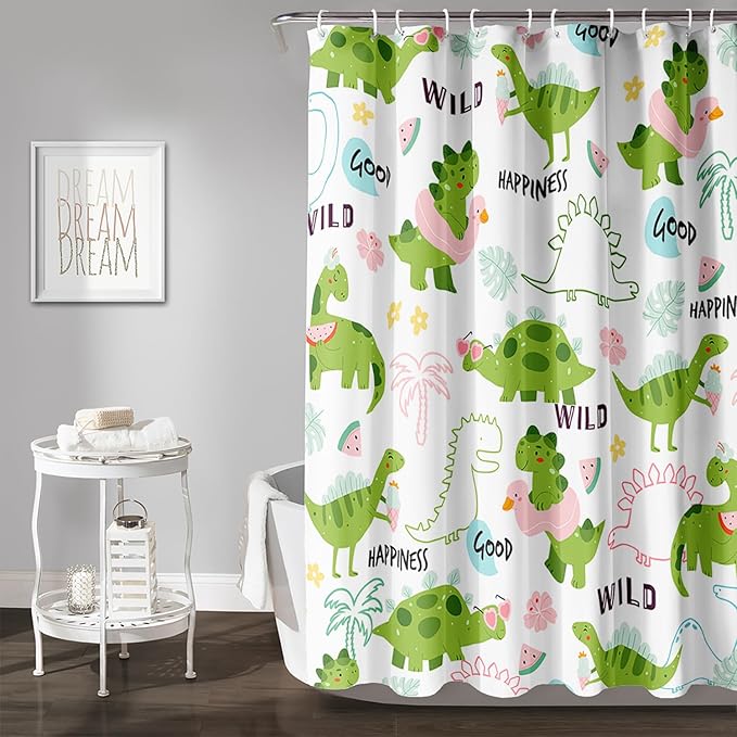 AILONEN Dinosaur Shower Curtain for Boys, Cute Green Kids Bath Curtain 72" W*84" H,Tropical Leaves Funny Dinosaur Curtain with 12 Plastic Hooks