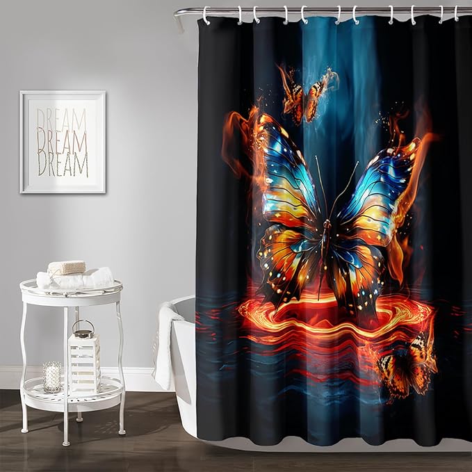 AILONEN 3D Butterfly Shower Curtain,Fire and Ocean Butterfly Bath Curtain 48" W*72" H,Modern Abstract Art Butterfly Print Waterproof Bathroom Curtain with 12 Plastic Hooks for Girls Women