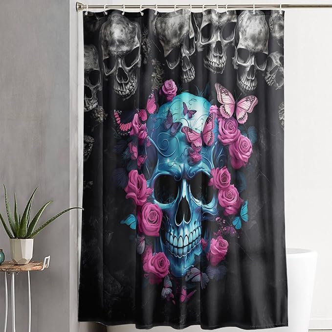 AILONEN 3D Skull Shower Curtain,Oil Ren Rose with Skeleton Design Shower Curtain Set with Hooks for Boys Girls Teens,Gothic Skull Waterproof Fabric Shower Curtain for Bathroom,48" W*72" H