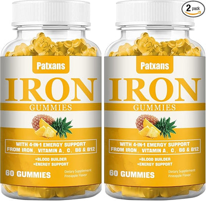 2 Packs 100MG Iron Supplement Gummies for Women & Men - with Vitamin A, C, B - Blood Builder ＆ Energy Support for Iron Deficiency, Anemia, Adults ＆ Children, Vegan, Pineapple Flavor Gummy, 120ct