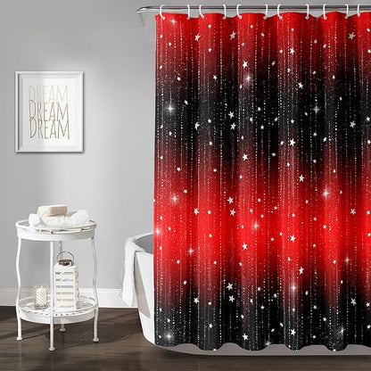 AILONEN White Star Shower Curtain,Starry Sky Waterproof Fabric Shower Curtain Sets for Girls Kids Teens, 72" W*96" H Black and Red Theme Shower Curtain