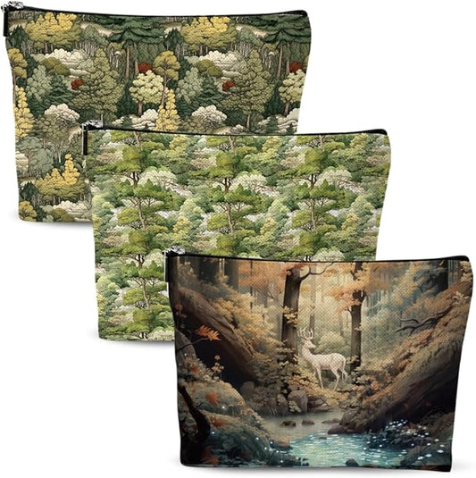 3pcs Cosmetic Bags for Women Makeup Bag, Bachelorette Party Favors Christmas Birthday Friendship Gifts for Women Girl Mom Sister Bestie Travel Toiletry Bag Skin Care Bag, Vintage Forest Deer Patterns