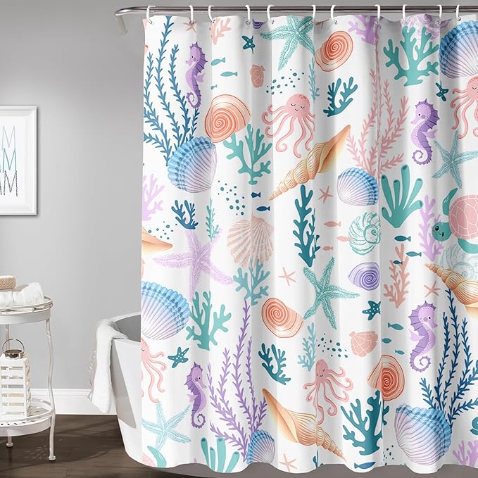 AILONEN Kids Ocean Shower Curtain for Bathroom,Funny Cute Octopus Fish Ocean Under Sea Coral Starfish Bath Curtain for Boys Girls,60" W*72" H Art Waterproof Decor Fabric 12 Pack Hooks