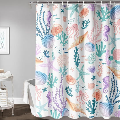 AILONEN Kids Ocean Shower Curtain for Bathroom,Funny Cute Octopus Fish Ocean Under Sea Coral Starfish Bath Curtain for Boys Girls,60" W*72" H Art Waterproof Decor Fabric 12 Pack Hooks