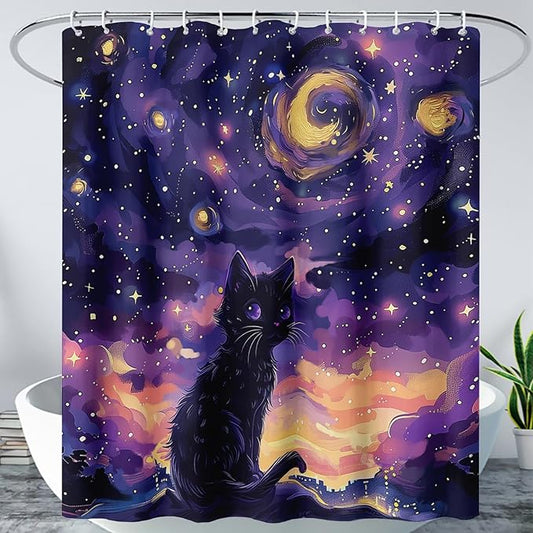 AILONEN Black Cat Shower Curtain,Cartoon Mother Son Kitten Shower Curtain Set for Kids Boys Girls,Boho Style Starry Night Shower Curtain with Hooks for Bathroom,72" W*72" H