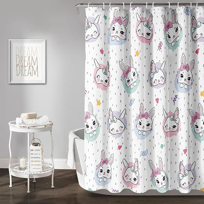 AILONEN Cute Rabbit Shower Curtain, Cartoon Kawaii Bunny Shower Curtain for Bathroom,Modern Minimalist White Waterproof Fabric Shower Curtain Set with Hooks 36" W*72" H