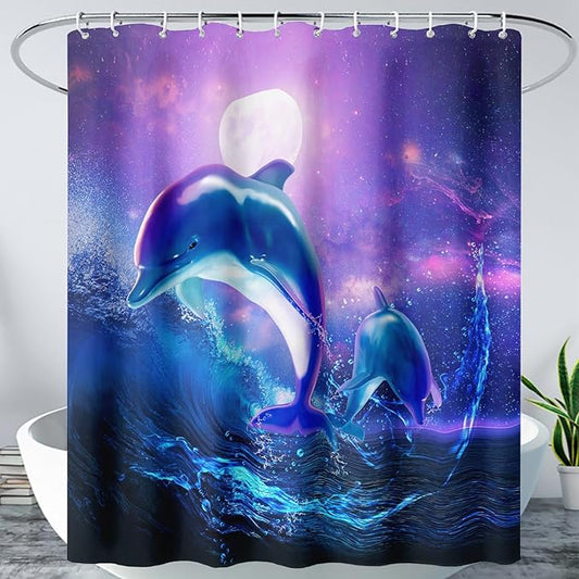 AILONEN Catrtoon Dolphin Shower Curtain Bathroom 72" W*72" H Blue Starry Sky Sea Water Cloth Fabric Bathroom for Kids Girls,Jumping Dolphin with Moon Shower Curtain Set
