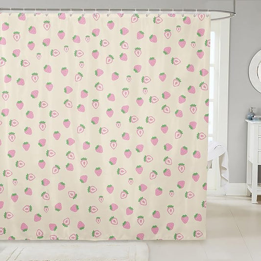 Feelyou Strawberry Fabric Shower Curtain Ivory White Shower Curtain for Kids Boys Girls Kawaii Fruit Bathroom Waterproof Accessories with 12 Hooks Cute Curtains,72x78 Inches