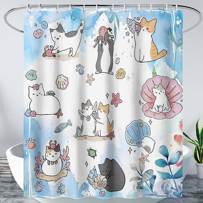 AILONEN Watercolor Cat Shower Curtain for Bathroom, Cute Cat Princess Shell Waterproof Bath Curtain,Cat Lover Minimalist White Curtain with 12 Plastic Hooks(72" W*84" H)