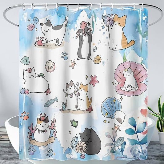 AILONEN Watercolor Cat Shower Curtain for Bathroom, Cute Cat Princess Shell Waterproof Bath Curtain,Cat Lover Minimalist White Curtain with 12 Plastic Hooks(72" W*84" H)