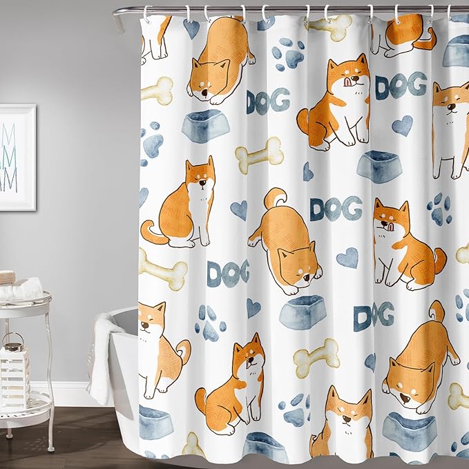 AILONEN Cute Dog Shower Curtain, Cartoon Shiba Inu Dog Bath Curtain,Pet Dog Paw Print Dog Lover Minimalist White Waterproof Curtain with 12 Plastic Hooks(72" W*84" H)