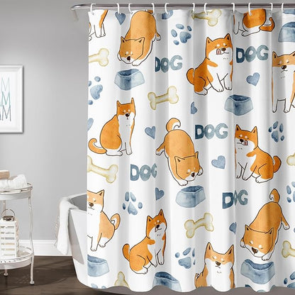 AILONEN Cute Dog Shower Curtain, Cartoon Shiba Inu Dog Bath Curtain,Pet Dog Paw Print Dog Lover Minimalist White Waterproof Curtain with 12 Plastic Hooks(72" W*78" H)