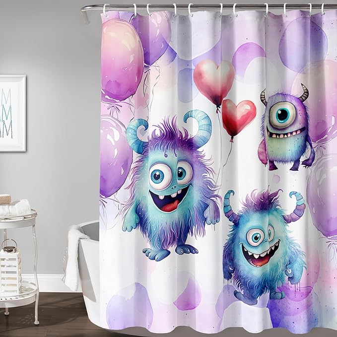 AILONEN Monster Shower Curtain for Bathroom, Cute Monster Purple Balloon Printed Bath Curtain,Women Girls Kids Minimalist Waterproof Fabric Shower Curtain Set with Hooks 72" W*72" H