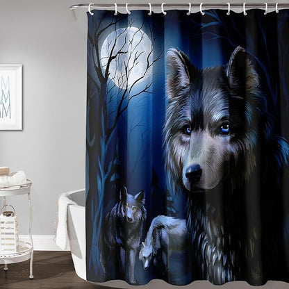 AILONEN Cool Wolf Shower Curtain,Evening Moon Wolf Bath Curtain for Bathroom Decor,Polyester Waterproof for Shower,72" W*96" H with 12 Plastic Hooks