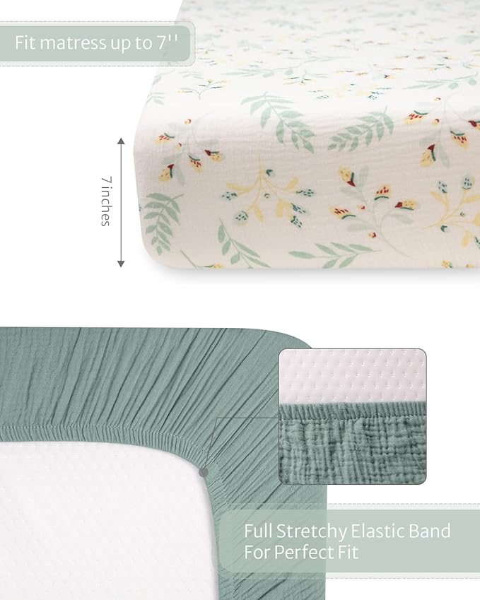 Blissful Diary Muslin Crib Sheets for Girl Boy, Boho Neutral Soft Cotton Baby Sheet for 52''x28'' Standard Crib Mattress, 1 Pack(Roman Green)