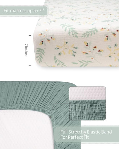 Blissful Diary Muslin Crib Sheets for Girl Boy, Boho Neutral Soft Cotton Baby Sheet for 52''x28'' Standard Crib Mattress, 1 Pack(Roman Green)